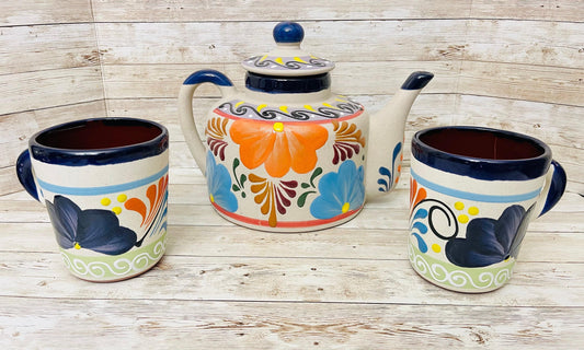 Terra Cotta Mexican Art Pottery CoffeeTea Pot with 2 Mugs Jarra Lechera Cafetera Artesanal Mexicana Engove con 2 Tazas