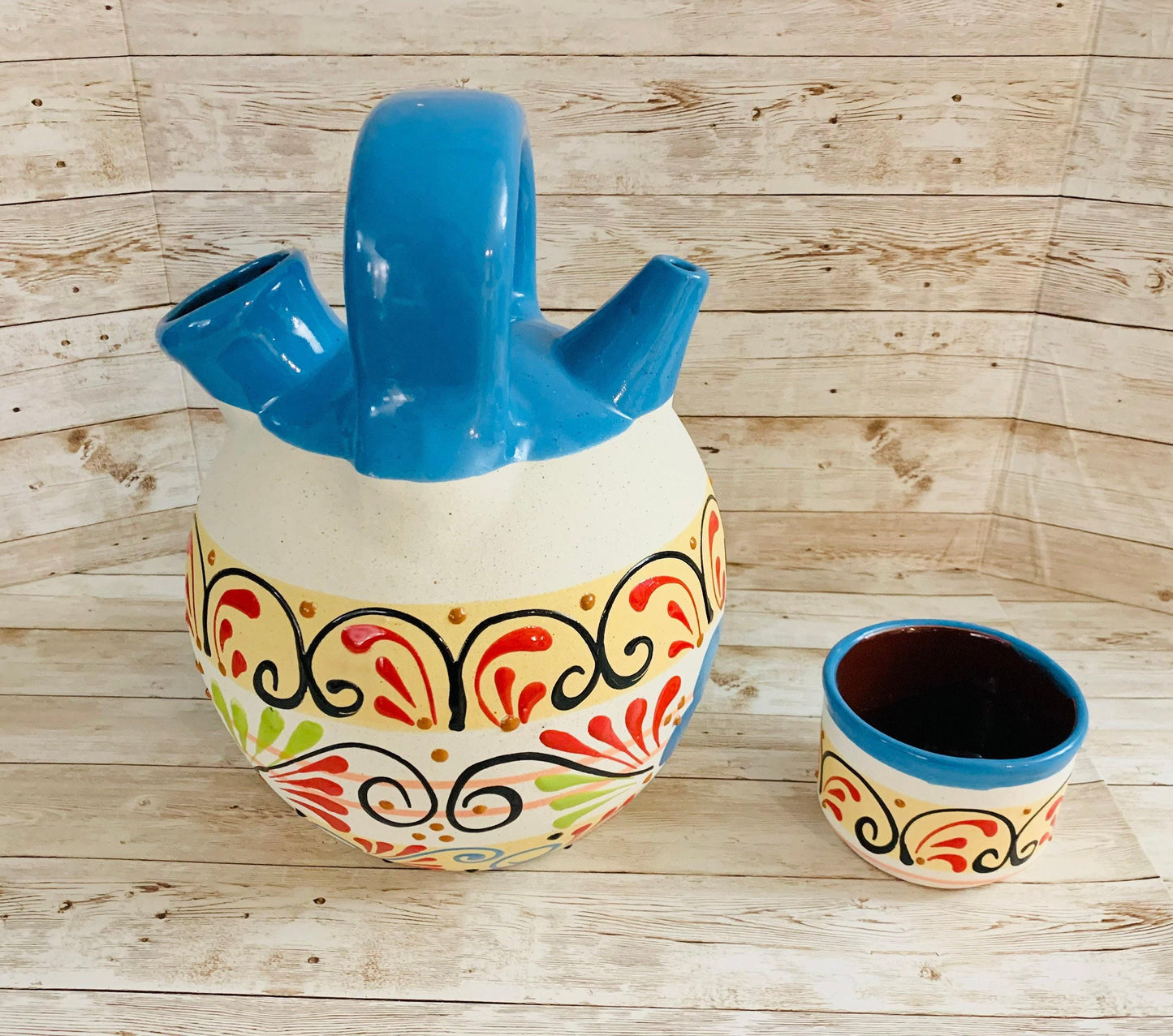 Terra Cotta Mexican Art Water Jug with Cup Garrafon de Barron Artesanal Mexicana con Vaso
