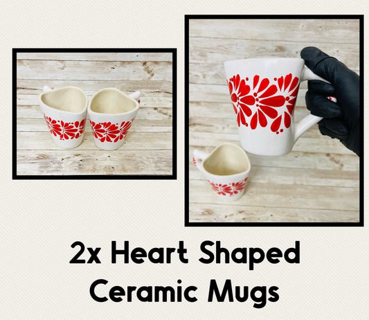 2x Mexican Ceramic Heart Shaped Pottery Cups 2x Tazas de Ceramica Mexicanas en Forma de Corazon