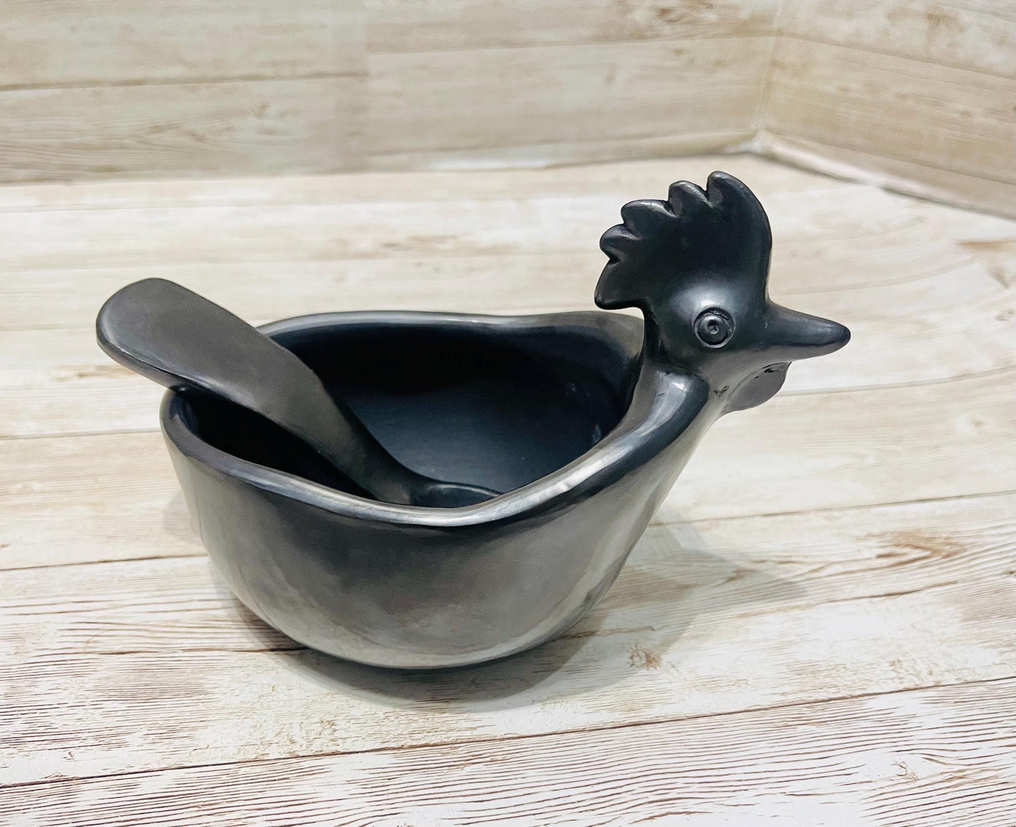 Black Oaxacan Mexican Clay Art Pottery Salsa Bowl with Spoon Salsero con Cuchara de Barro Negro Artesanal Hecho en Oaxaca
