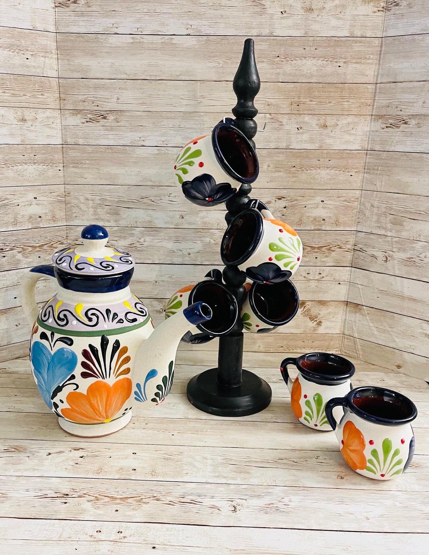 Terra Cotta Mexican Art Pottery CoffeeTea Pot with 6 Mugs and Mug Tree Jarra Lechera Cafetera Artesanal Mexicana Engove con 6 Tazas y Torre