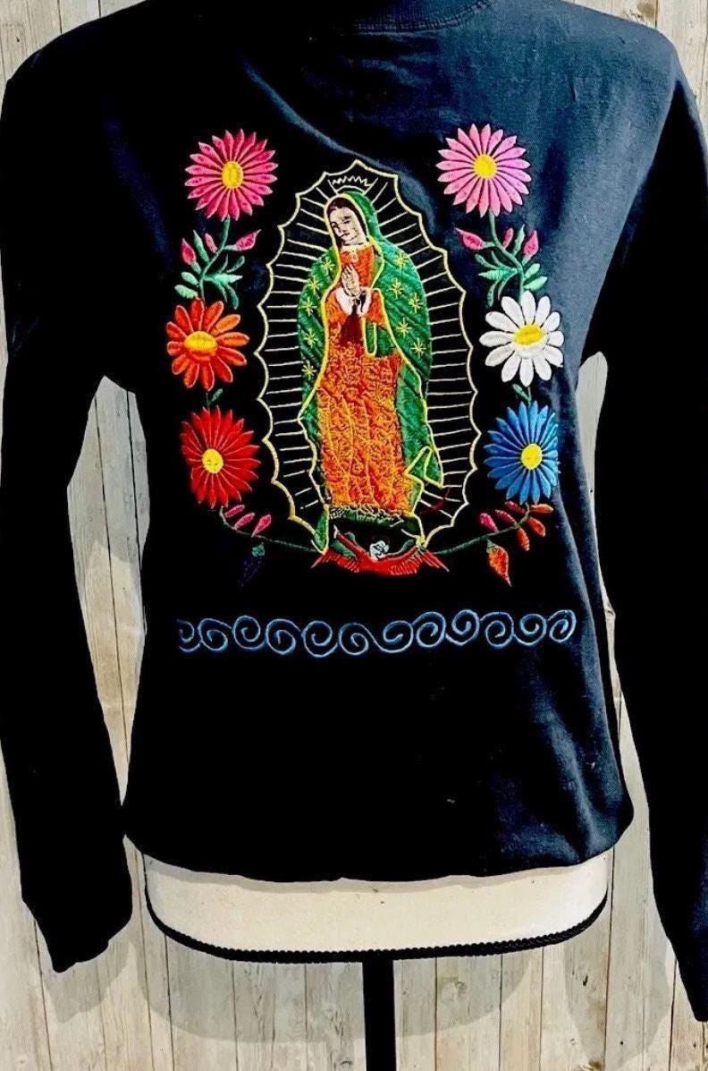 Mexican Embroidered Virgin Mary Sweater Size Small Sueter Bordado Mexicano de La Virgen Maria
