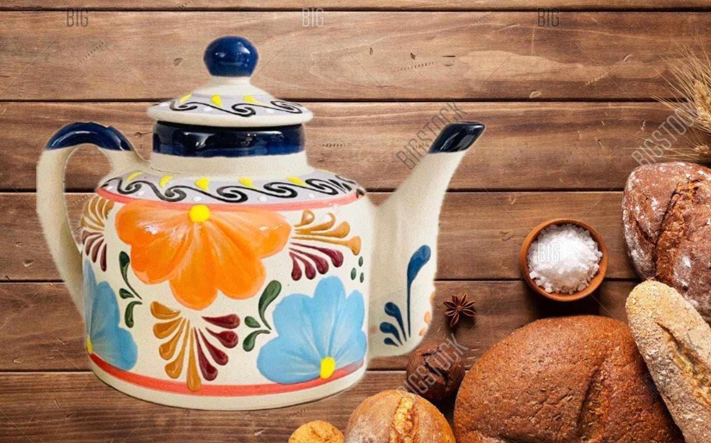 Terra Cotta Mexican Art Pottery CoffeeTea Pot with 2 Mugs Jarra Lechera Cafetera Artesanal Mexicana Engove con 2 Tazas