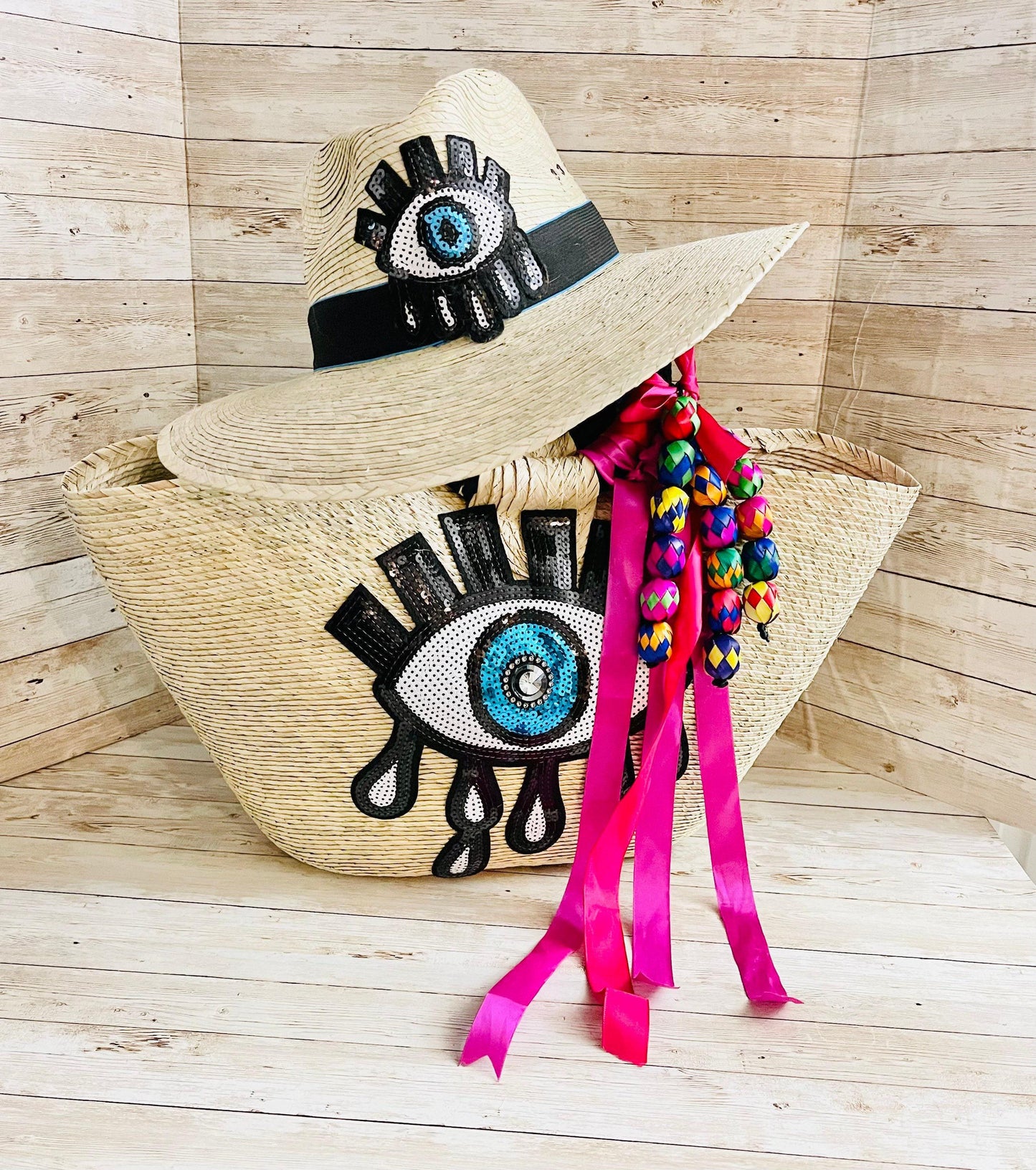 Mexican Artesanal Palm Leaf Beach Tote Bag and Hat Bolsa Mexicana Artesanal de Palma con Sombrero