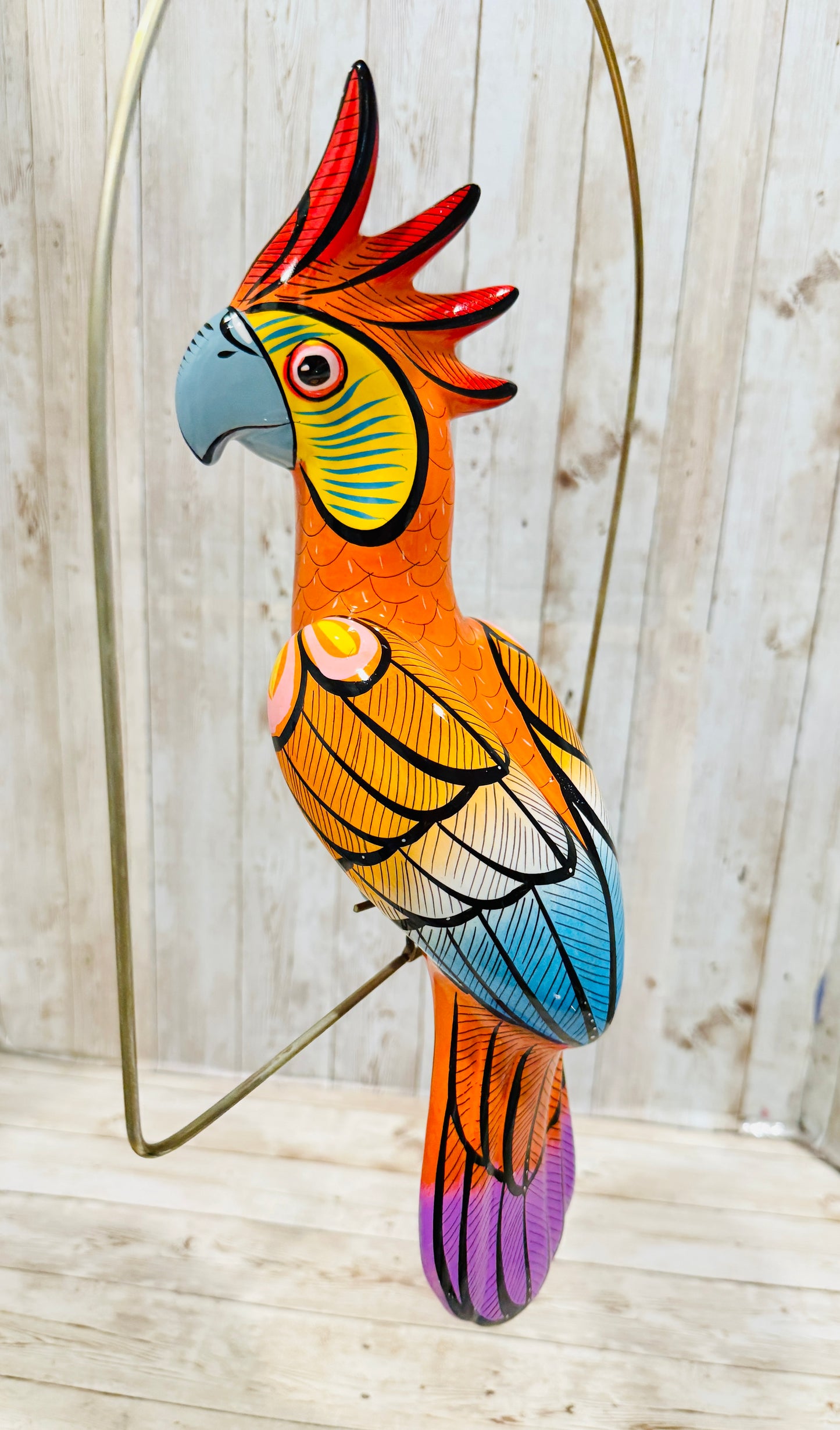Mexican Exotic Ceramic Bird on a Perch Pajaro Mexicano de Ceramic en Aro