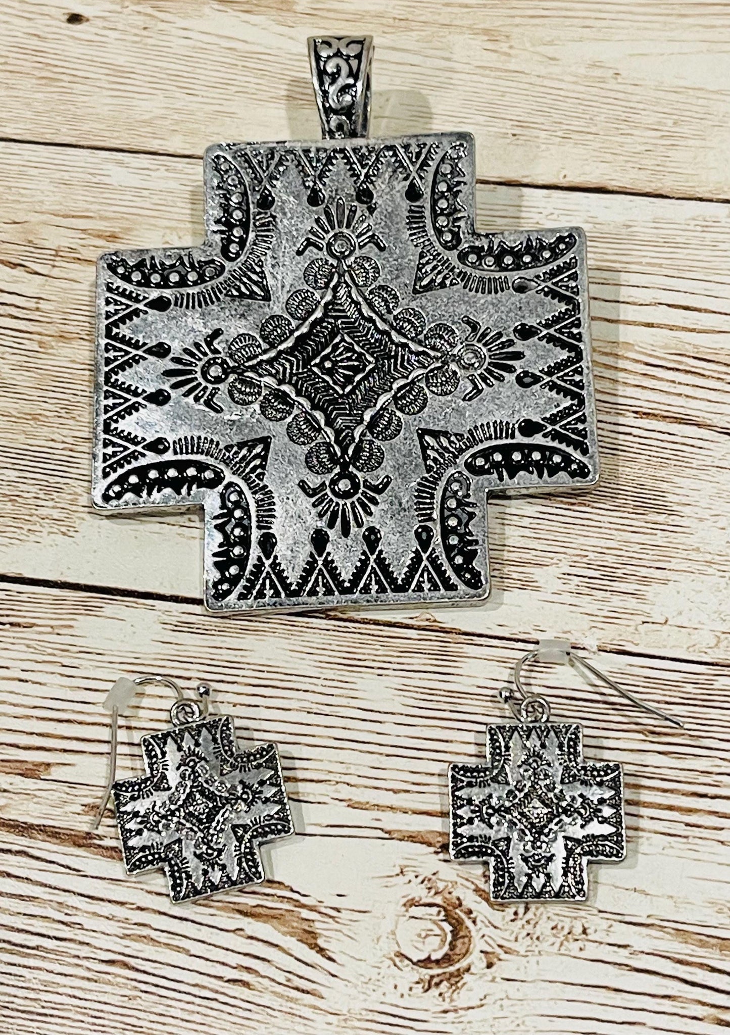 Western Cross Pendant & Earring Set Antique Silver Tone Jewelry Juego de Dije y Aretes de Cruz Estilo Color Plata Antigua