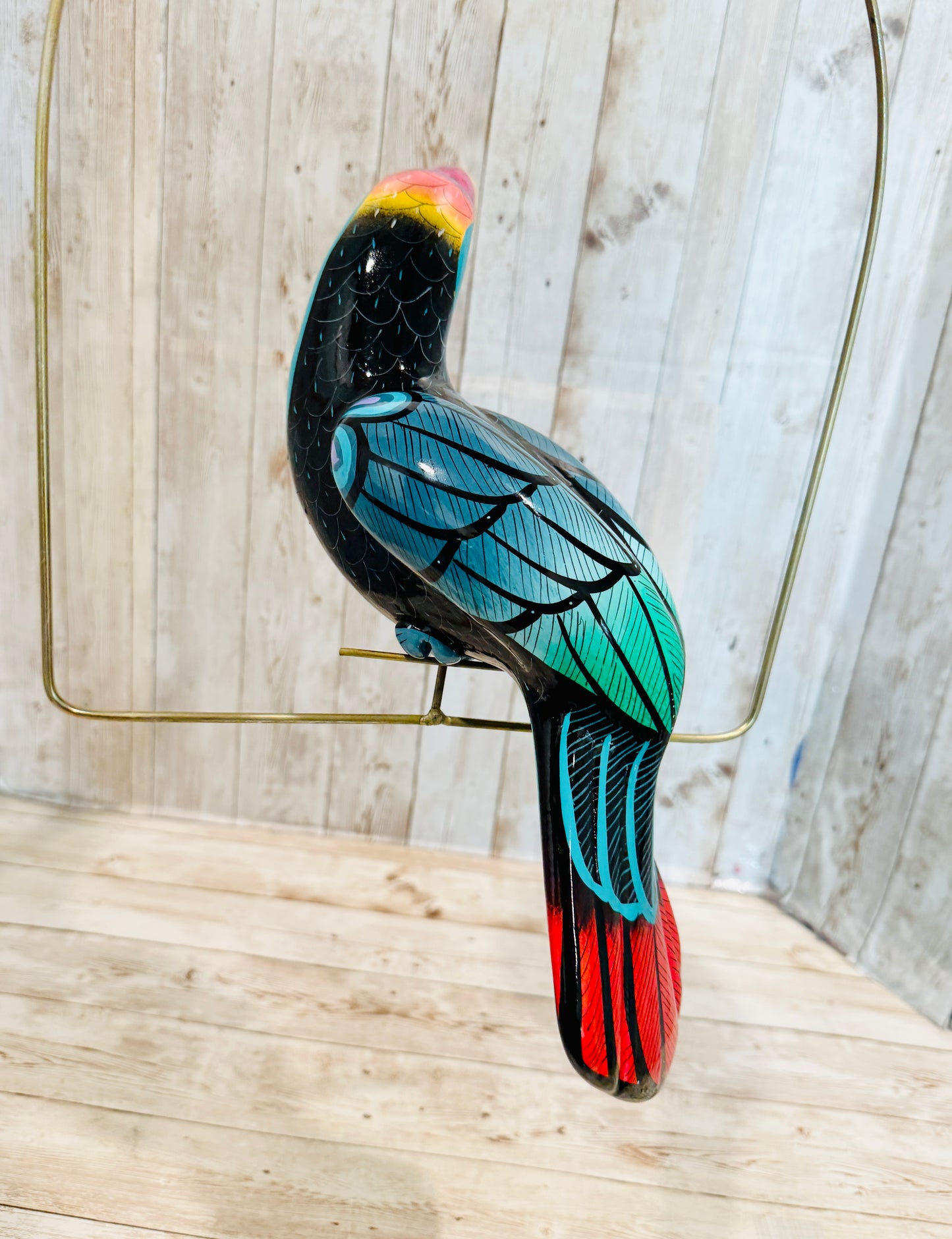 Mexican Exotic Ceramic Bird on a Perch Pajaro Mexicano de Ceramic en Aro