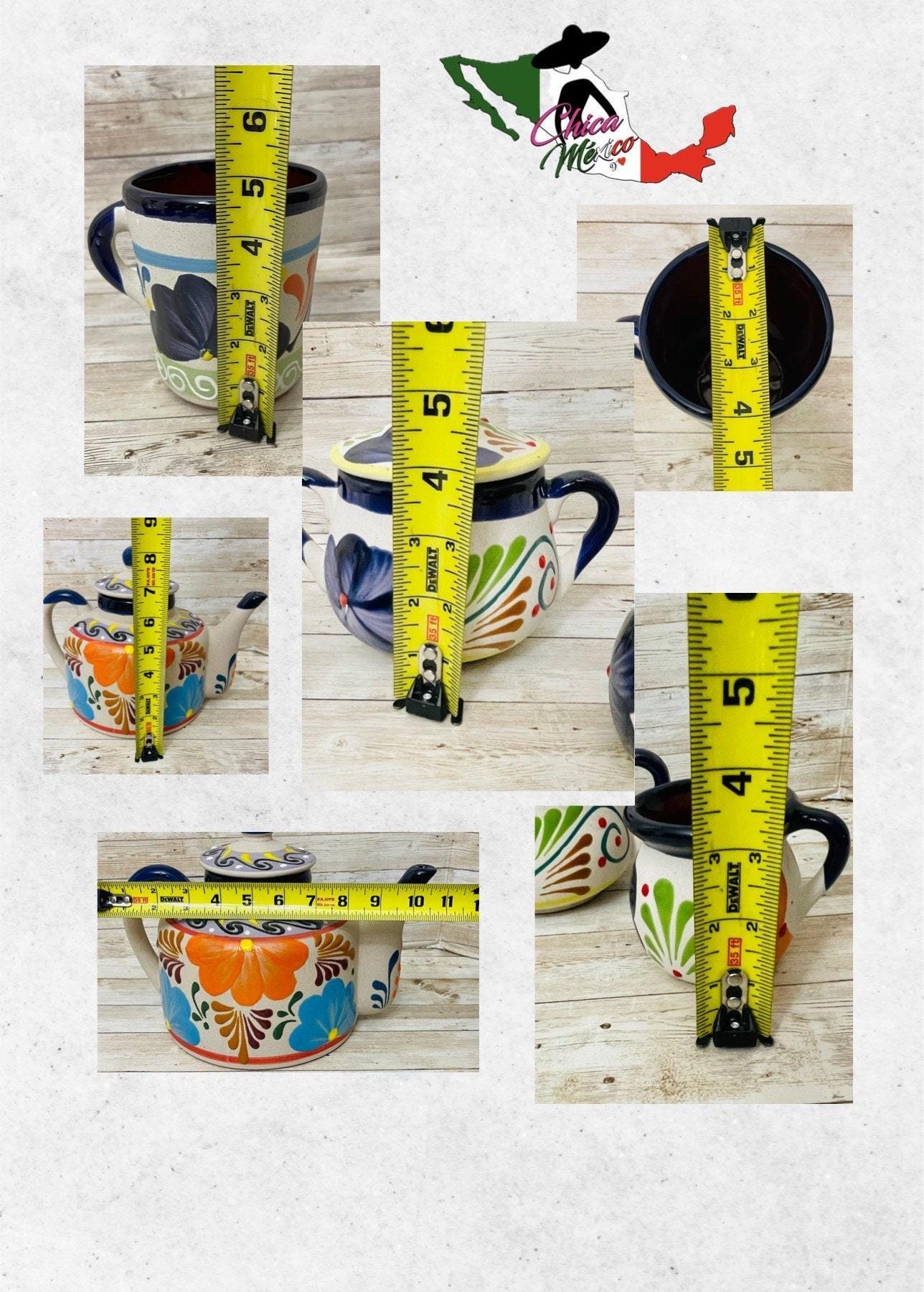 Terra Cotta Mexican Art Pottery CoffeeTea Set Drinkware With 4 Mugs & Sugar Bowl Jarra Lechera Cafetera Artesanal con 4 tazas y Azucarera