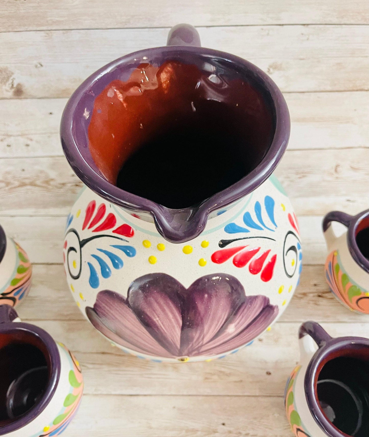 Terra Cotta Mexican Art Pottery Pitcher With 6 Cups Jarra Artesanal Mexicana