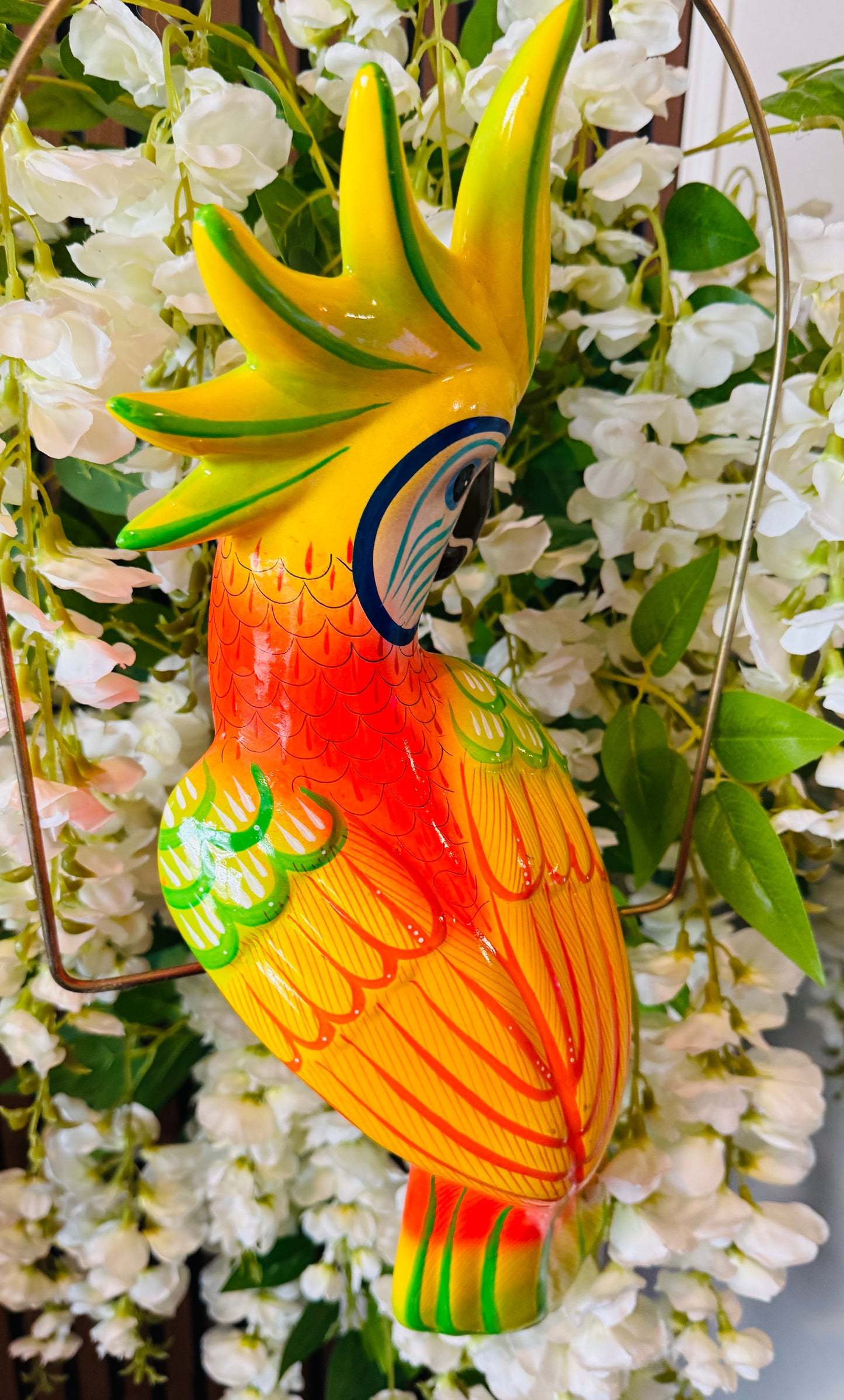 Mexican Exotic Ceramic Bird on a Perch Pajaro Mexicano de Ceramic en Aro