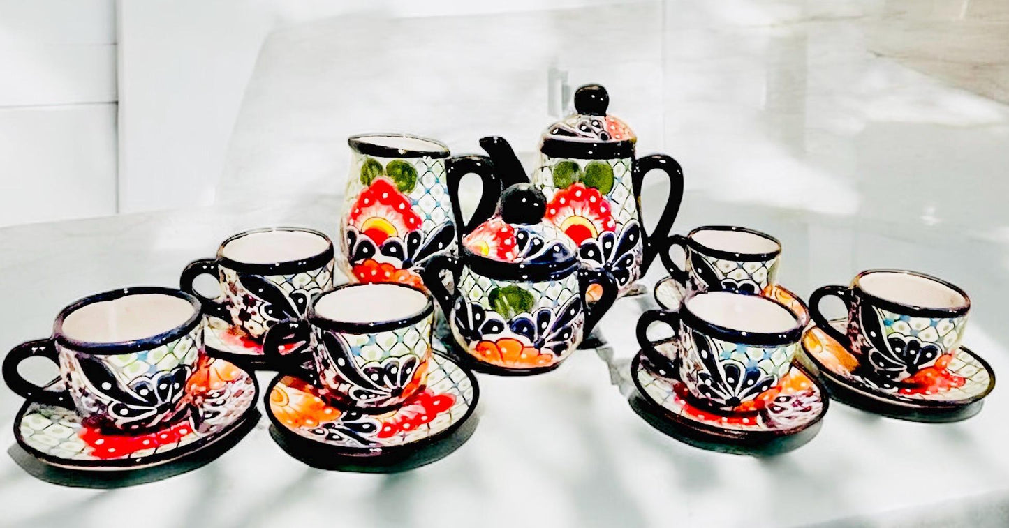 Mexican Talavera Tea Coffee Set Drinkware With 6  Mugs Sugar Bowl Talavera Mexicana de Cafe/Te con Tazas Platos Azucarera y Tetera