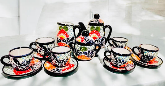 Mexican Talavera Tea Coffee Set Drinkware With 6  Mugs Sugar Bowl Talavera Mexicana de Cafe/Te con Tazas Platos Azucarera y Tetera