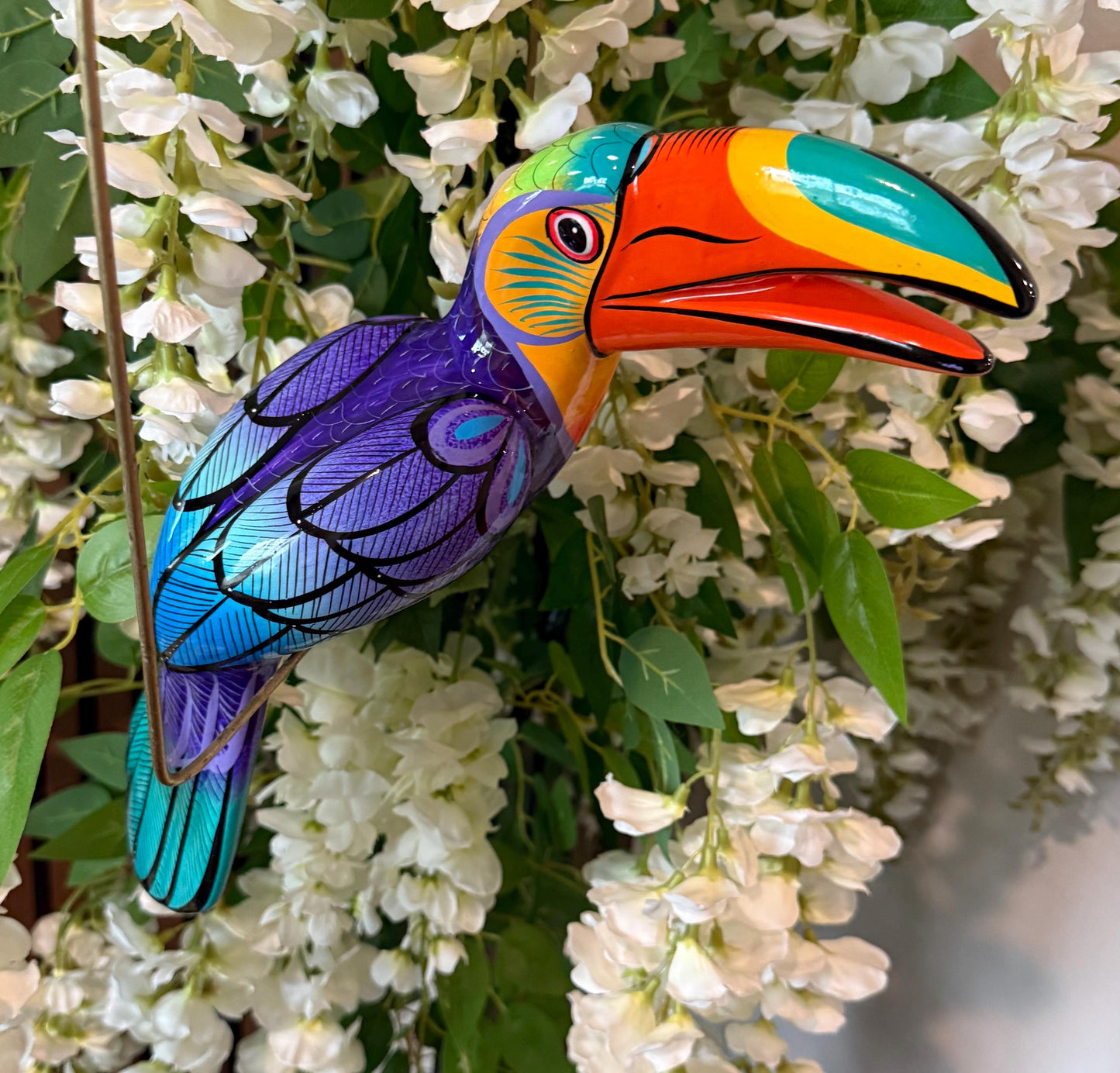 Hanging Exotic Bird in Ring Mexican Pottery Ceramic Pajaro De Cerámica