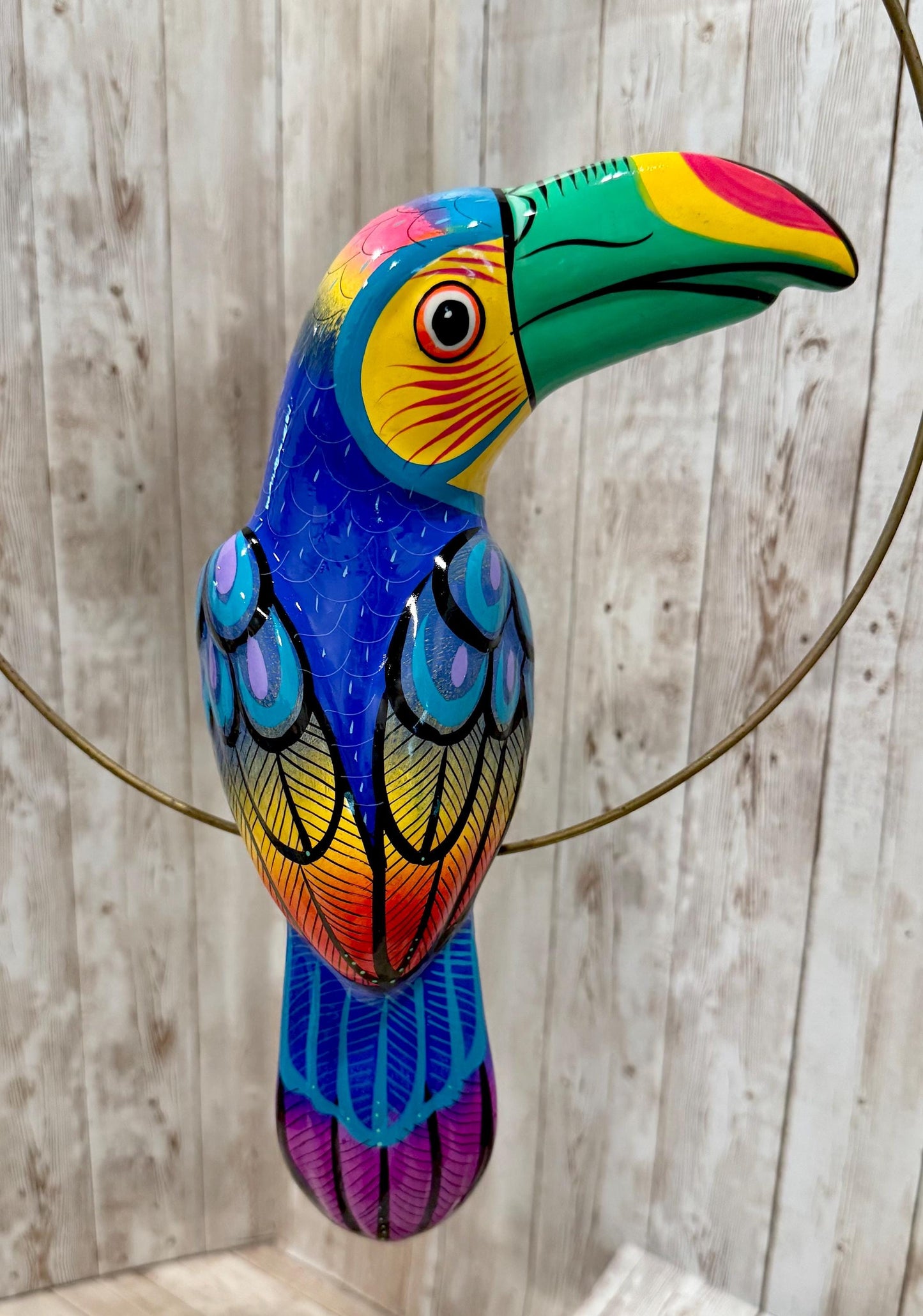 Hanging Exotic Bird in Ring Mexican Pottery Ceramic Pajaro De Cerámica