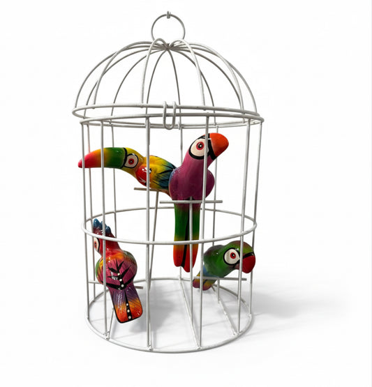 Hanging Exotic Birds in Birdcage Home Decor Cotorritos de Ceramica en Jaula
