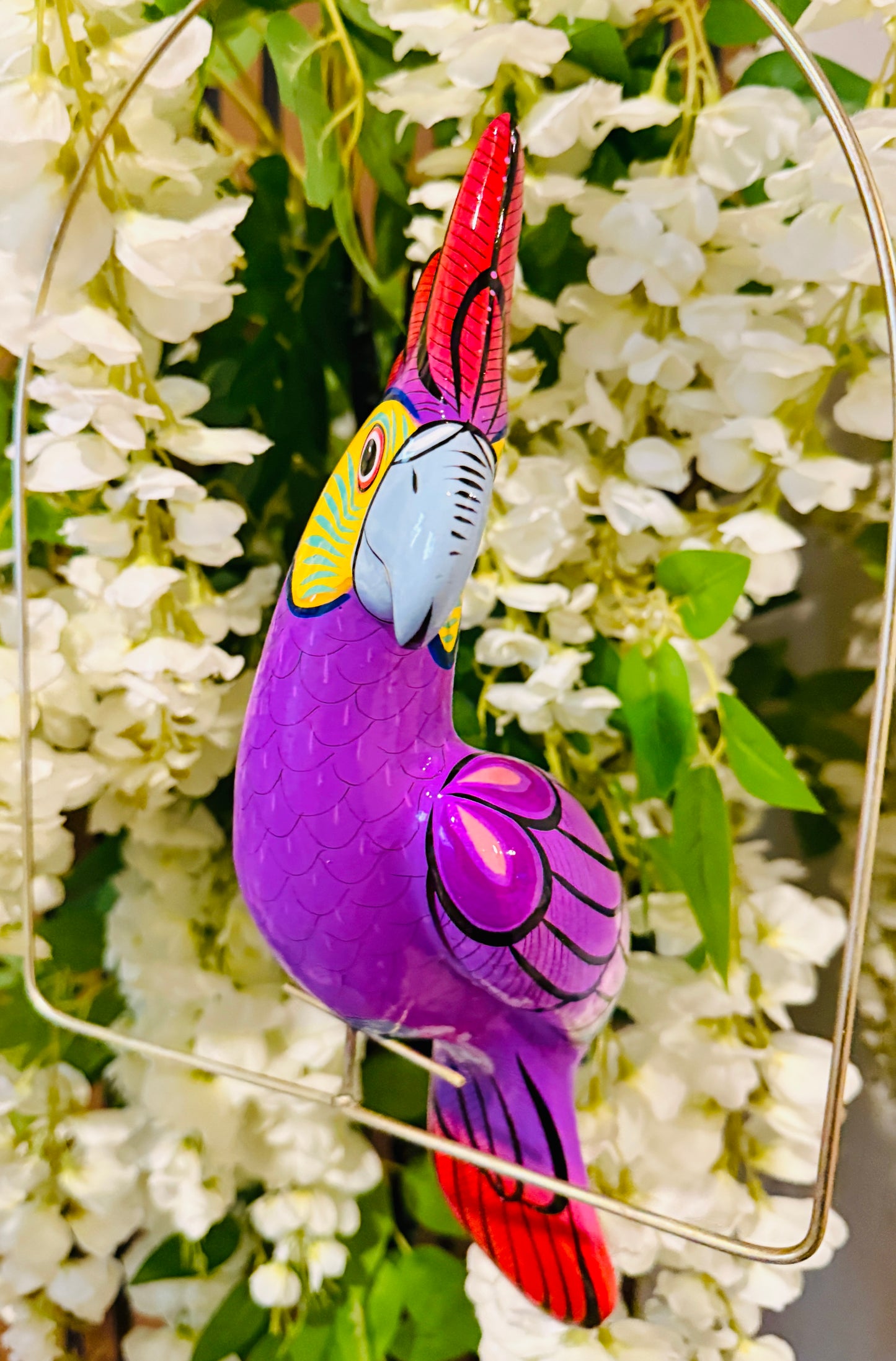 Mexican Exotic Ceramic Bird on a Perch Pajaro Mexicano de Ceramic en Aro