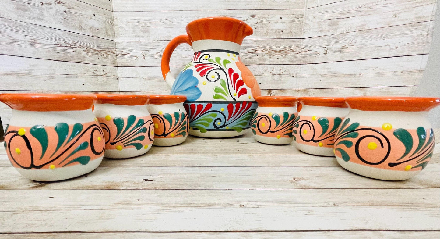 Terra Cotta Mexican Art Pottery Pitcher With 6 Cups Jarra Artesanal Mexicana