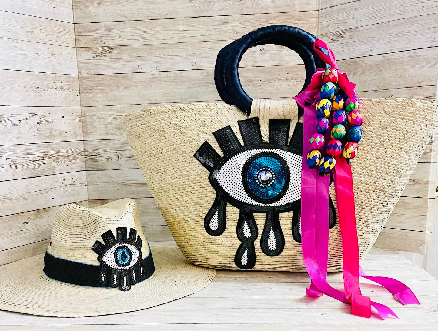 Mexican Artesanal Palm Leaf Beach Tote Bag and Hat Bolsa Mexicana Artesanal de Palma con Sombrero