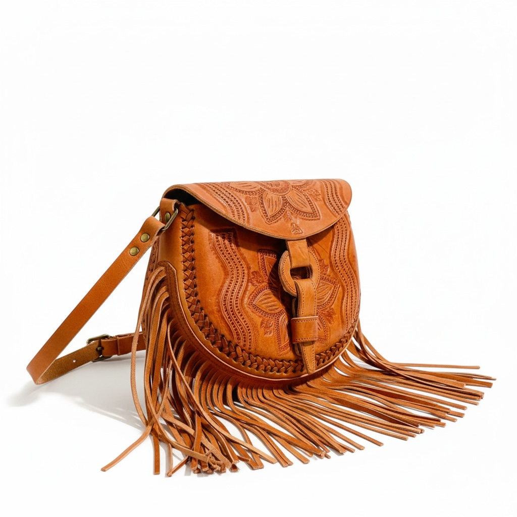 Mexican Leather Tooled Fringe Crossbody Handbag Bolsa Mexicana de Piel Cincelada con Flecos