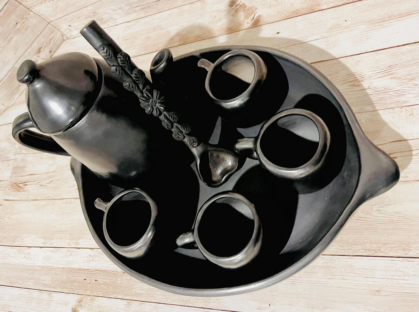 Black Oaxacan Mexican Clay Coffee Tea Pot Set with Cups Spoon & Holding Plate Tetera Artesanal de Barro Negro Artesanal Tazas y Plato Oaxaca