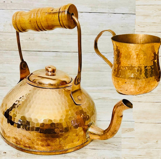 Mexican Copper Coffee Tea Pot with Pouring Cup Cafetera/Tetera de Cobre Mexicano con Taza para Servir