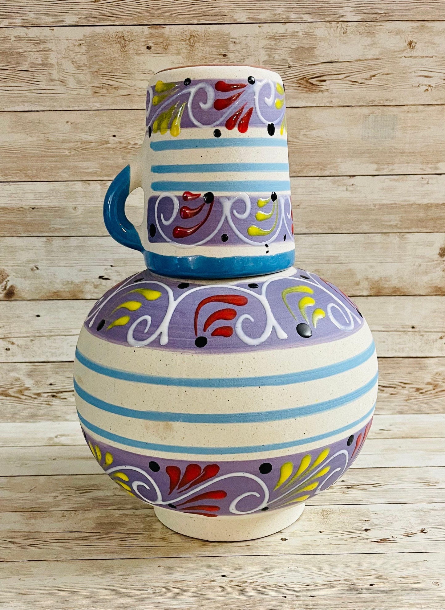 Terra Cotta Mexican Art Water Jug with Cup Garrafon de Barron Artesanal Mexicana con Vaso