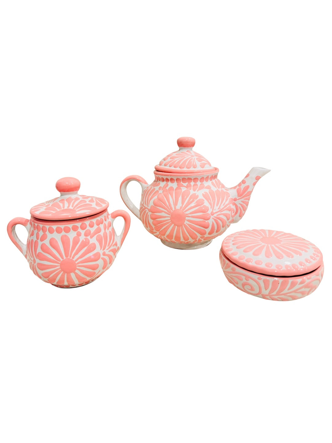 Mexican Pink Talavera Coffeepot Teapot Set with Sugar Bowl and Serving Dish with Lid Talavera Rosa Tetera con Azucarera y Charola Chica para Servir
