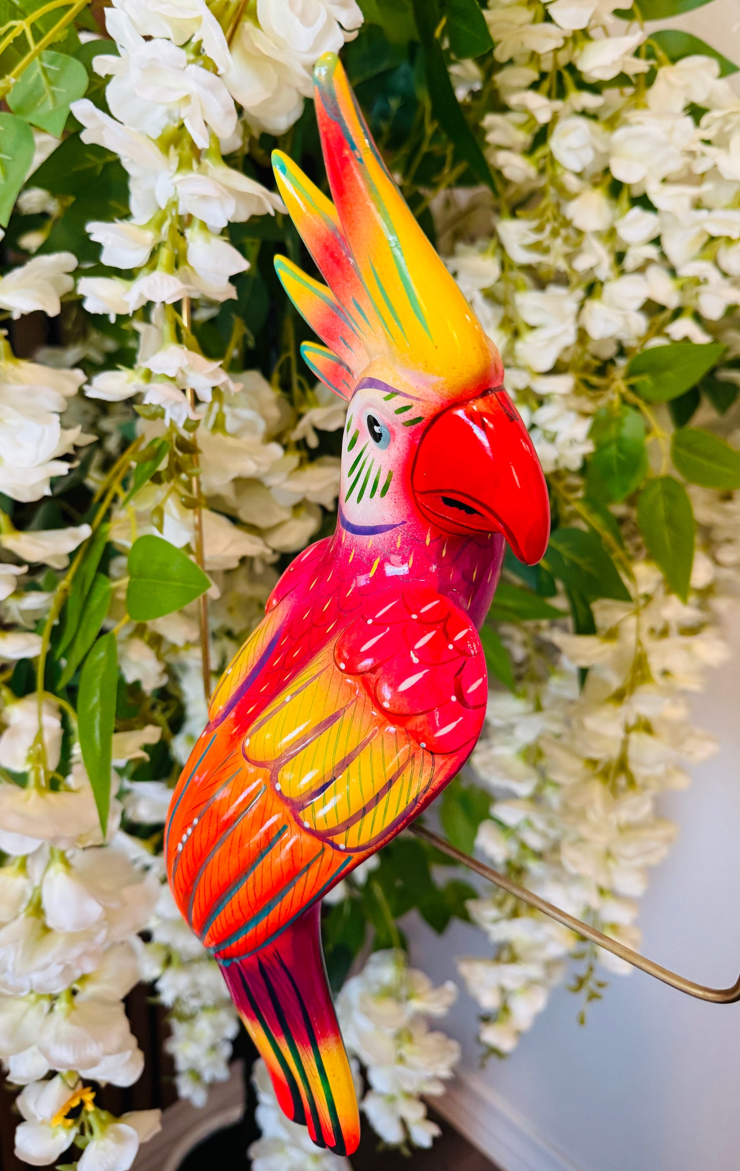 Mexican Exotic Ceramic Bird on a Perch Pajaro Mexicano de Ceramic en Aro