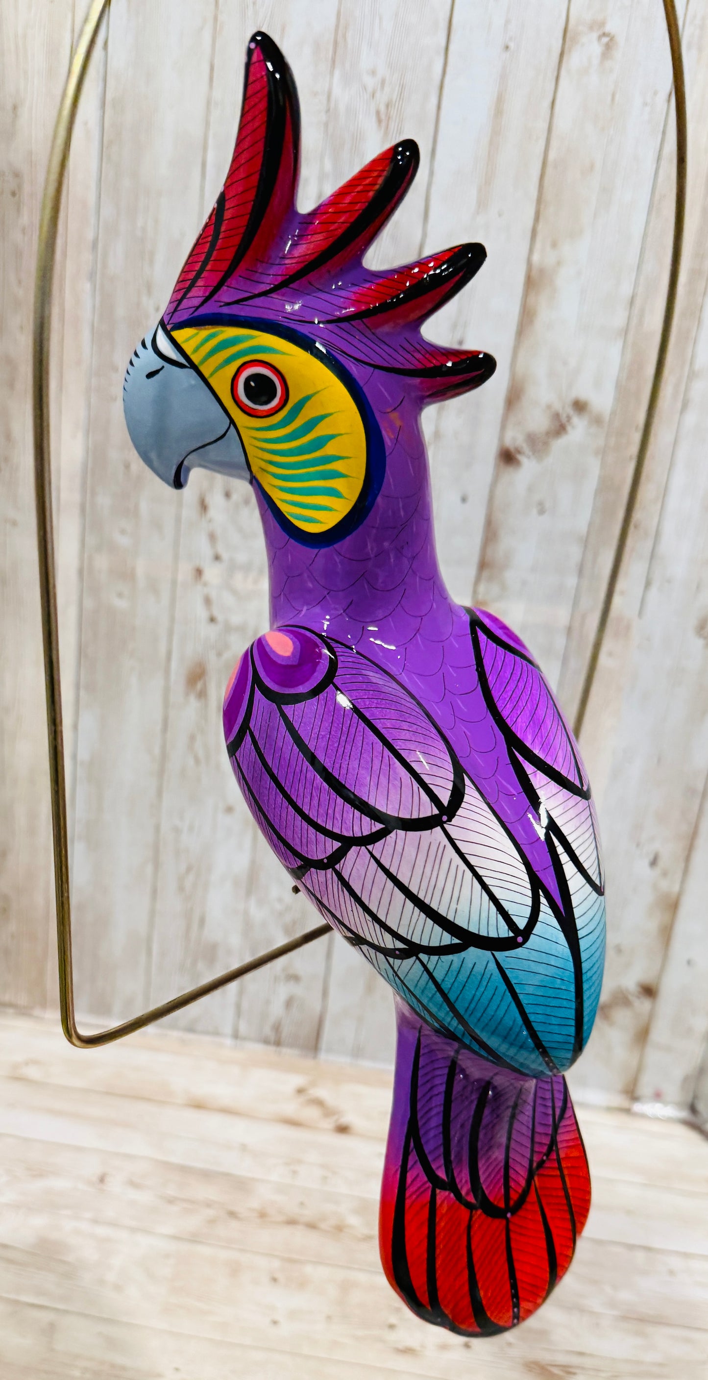 Mexican Exotic Ceramic Bird on a Perch Pajaro Mexicano de Ceramic en Aro