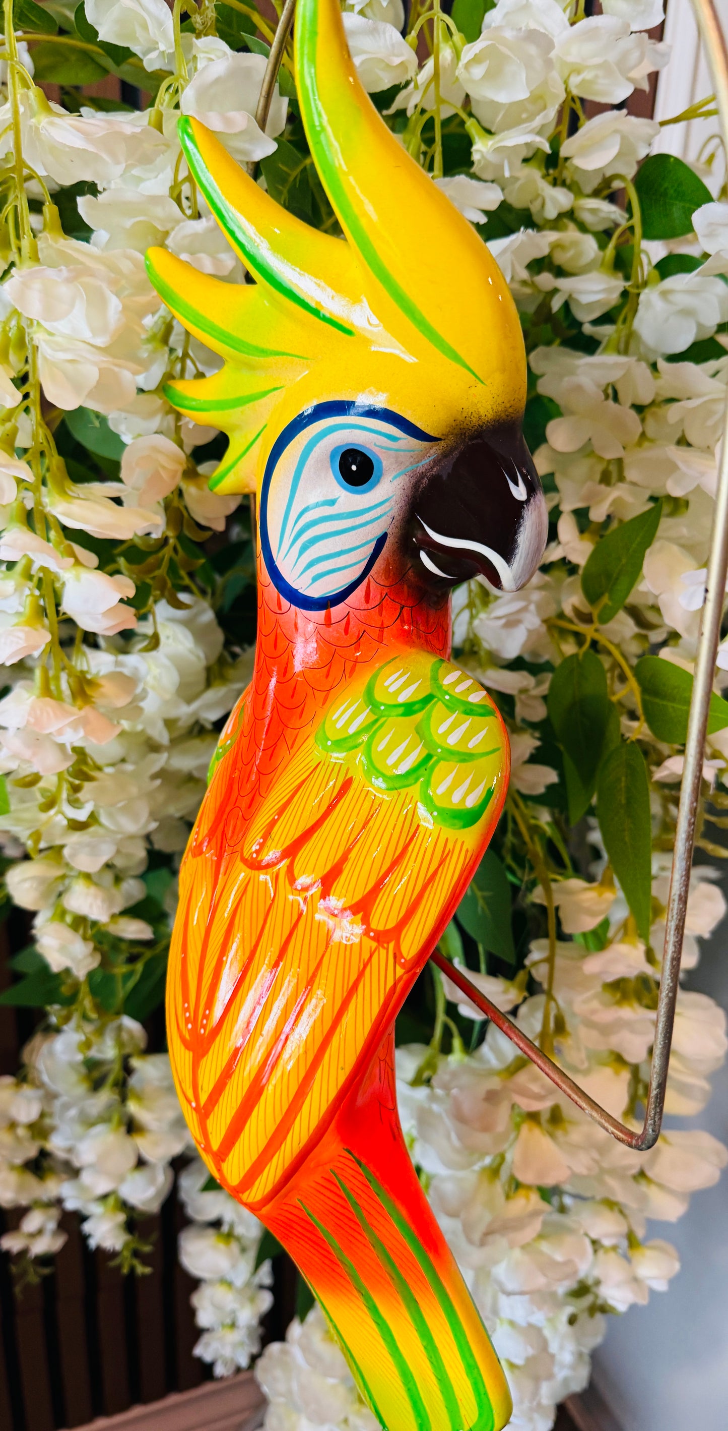 Mexican Exotic Ceramic Bird on a Perch Pajaro Mexicano de Ceramic en Aro