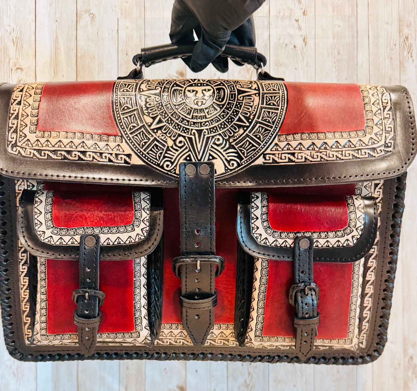 Tooled Leather  Handmade Aztec Satchel Mexican Artisan Shoulder Bag