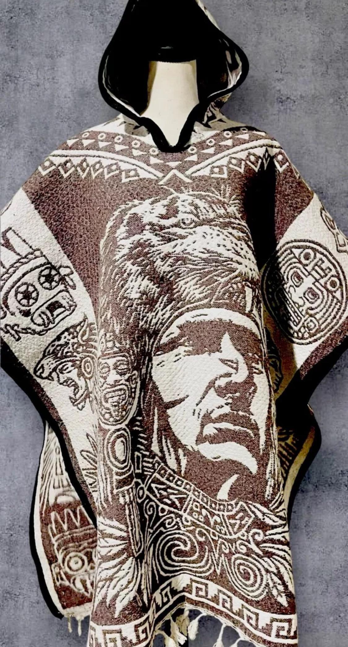 Mexican Double Sided Poncho Aztec and Jaguar Poncho Gavan Azteca con Jaguar Doble Vista