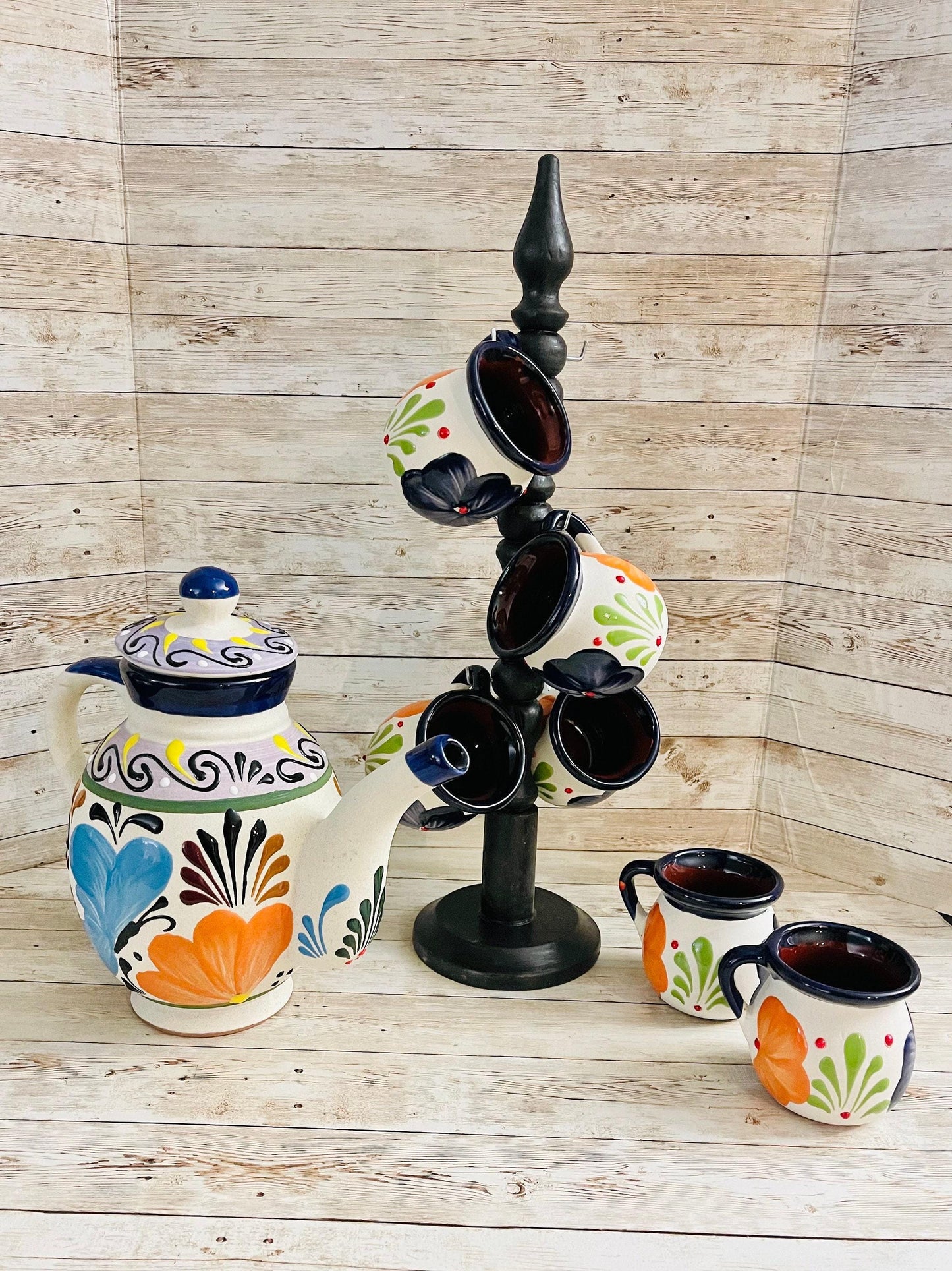 Terra Cotta Mexican Art Pottery CoffeeTea Pot with 6 Mugs and Mug Tree Jarra Lechera Cafetera Artesanal Mexicana Engove con 6 Tazas y Torre