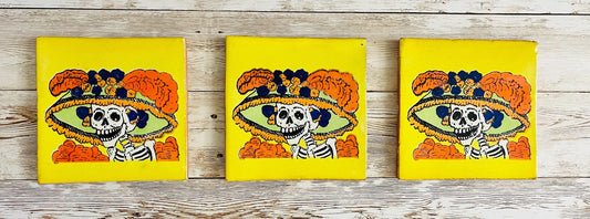 3x  Mexican Day of the Dead Sugar Skull Tiles Coasters 3 Azulejos oh Portavasos De Catrinas Dia de Muertos