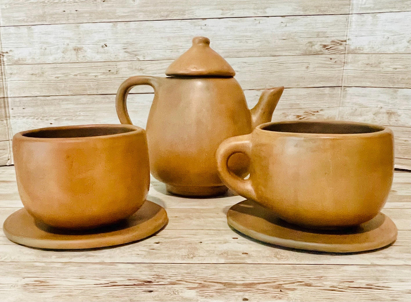 Brown Oaxacan Mexican Clay Coffee Tea Pot Set with 2 Cups & Plates Tetera Artesanal de Barro Cafe de Oaxaca Artesanal con 2 Tazas y 2 Platos