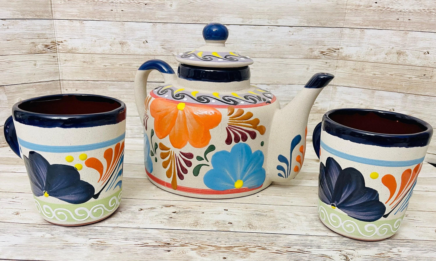 Terra Cotta Mexican Art Pottery CoffeeTea Pot with 2 Mugs Jarra Lechera Cafetera Artesanal Mexicana Engove con 2 Tazas