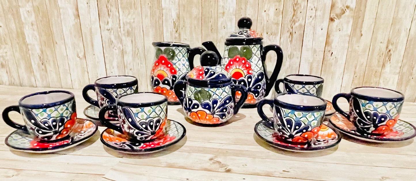 Mexican Talavera Tea Coffee Set Drinkware With 6  Mugs Sugar Bowl Talavera Mexicana de Cafe/Te con Tazas Platos Azucarera y Tetera