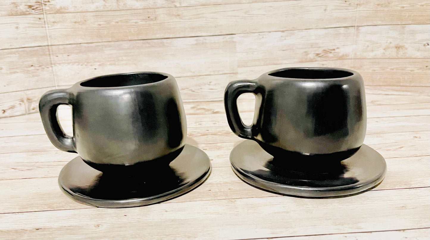 Black Oaxacan Mexican Clay Coffee Tea Pot with 2 Mugs, Plates & Sugar Spoon 1  Tetera de Barro Negro Con 2 Tazas Plato y Cuchara Azucarera
