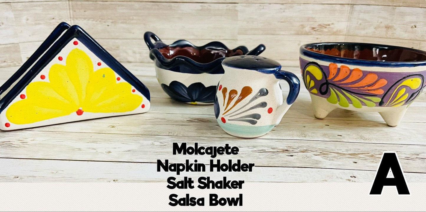 Terra Cota Mexican Molcajete Salt Shaker Napkin Holder & Salsa Bowl 4 Piece Set