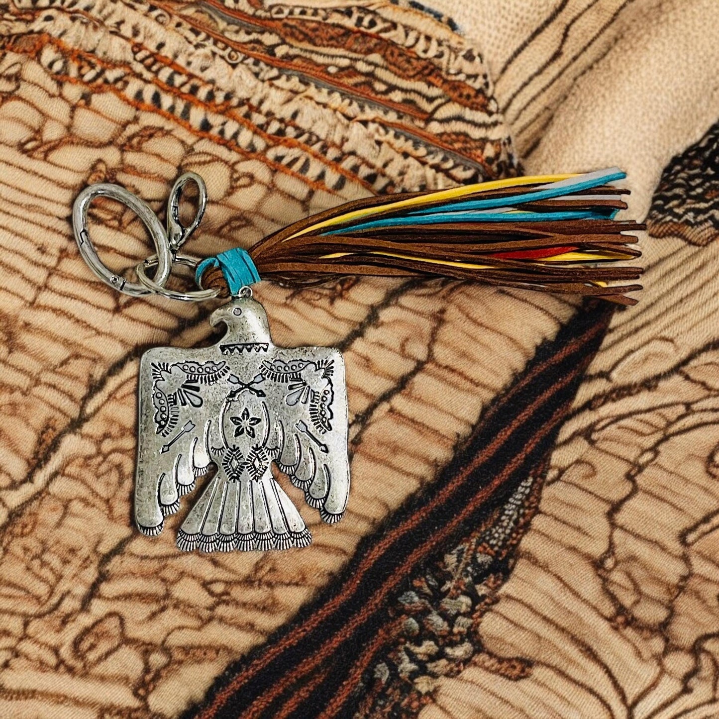 Thunderbird Southwest Western Keychain Key Purse Badge Llavero Pajaro Trueno Nativo con Tiras de Piel