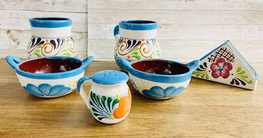 2 Clay Mexican Bowls and Cups 2 Platos Pozoleros con Vasos 2 Clay Bowls Terracota Bowls