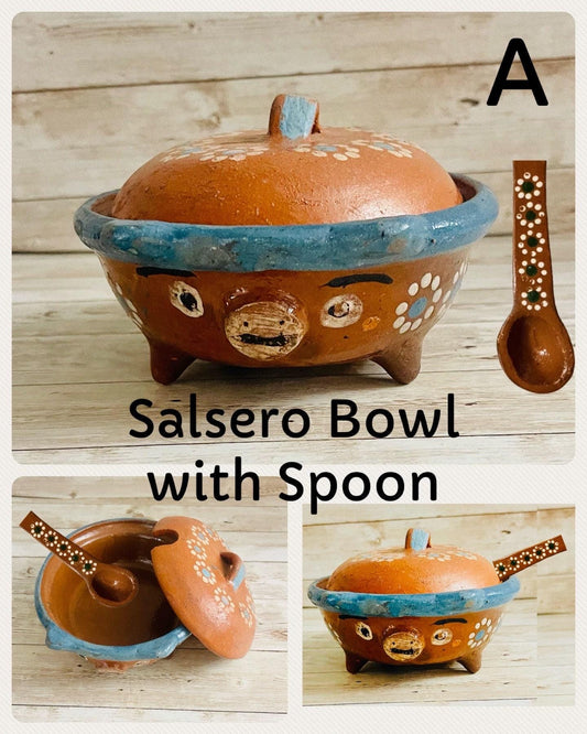 Terra Cotta Mexican Pottery Salsa Pig Bowl with or Without Spoon Salsero de Barro Mexicano con oh sin Cuchara de Barro