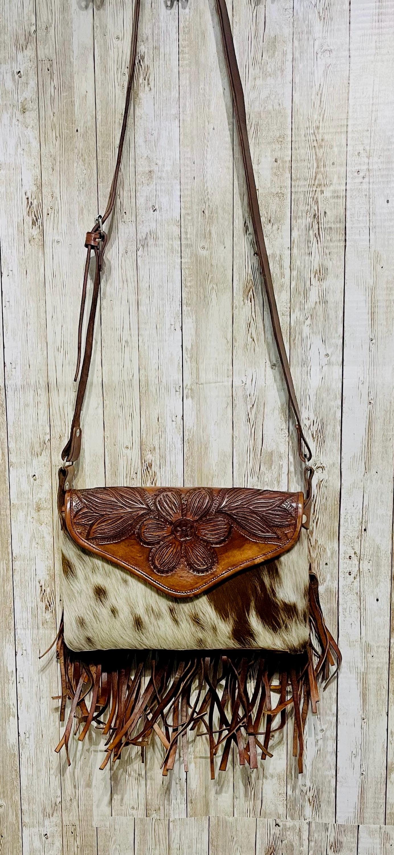 Handcrafted Western Mexican Leather Crossbody Purse with Fringes Bolsa Mexicana de Piel con Flecos