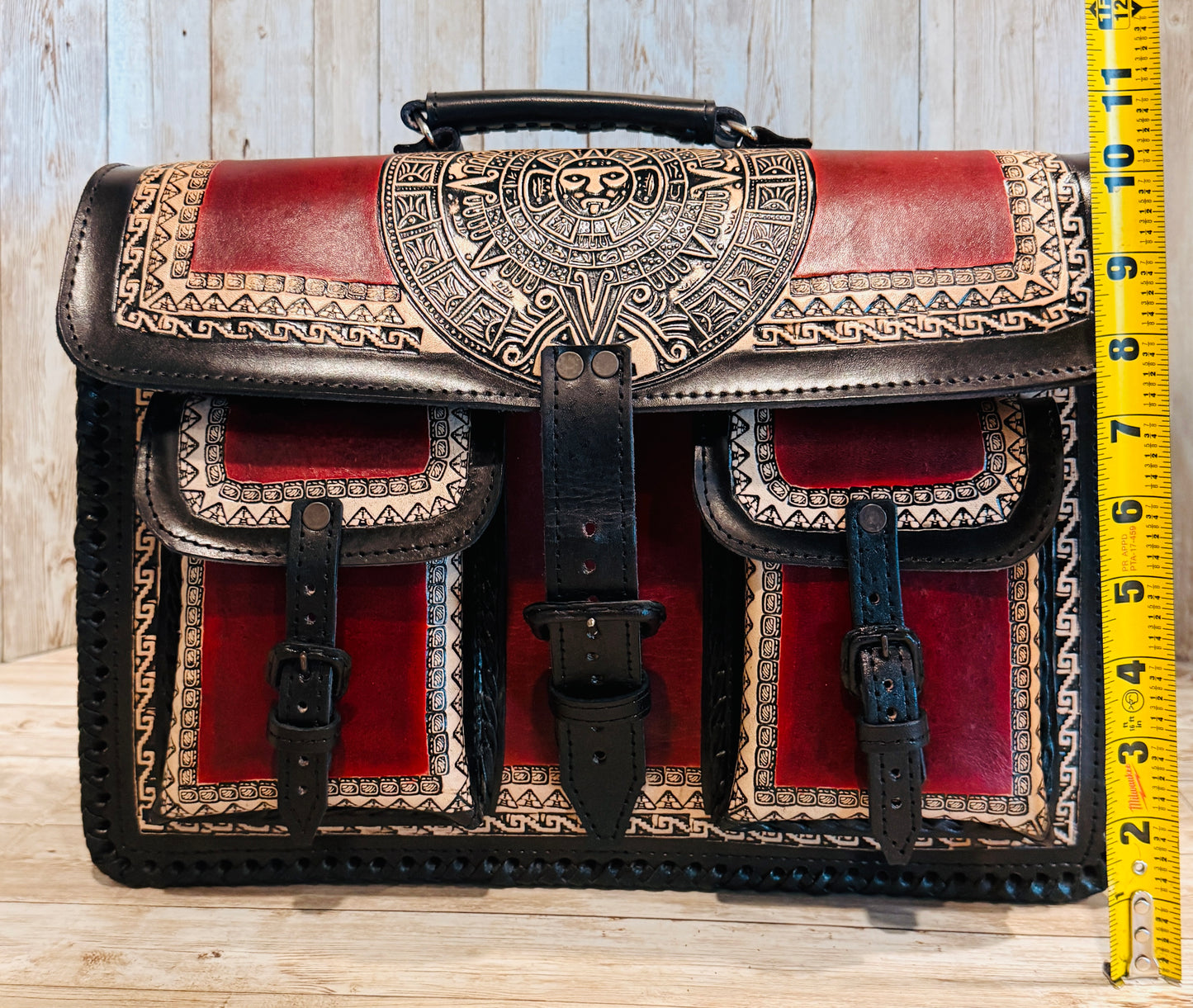 Tooled Leather  Handmade Aztec Satchel Mexican Artisan Shoulder Bag