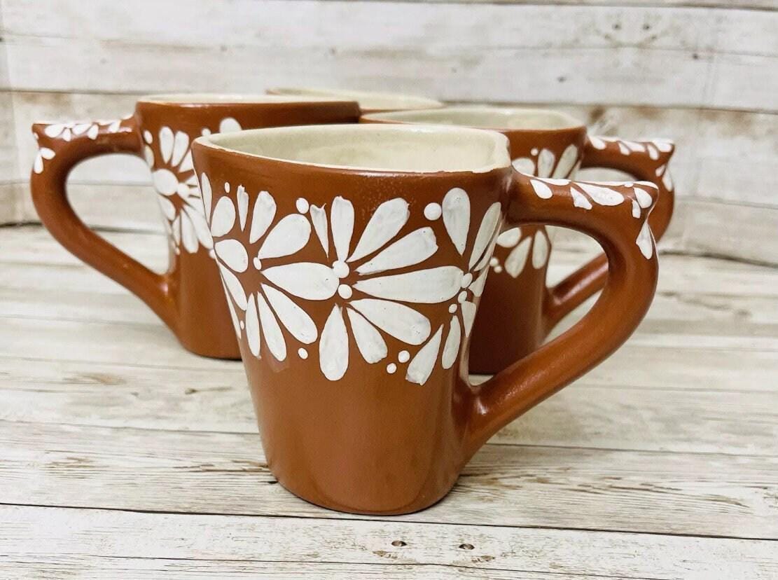 4x Mexican Ceramic Heart Shaped Pottery Cups 4x Tazas de Ceramica Mexicanas en Forma de Corazon
