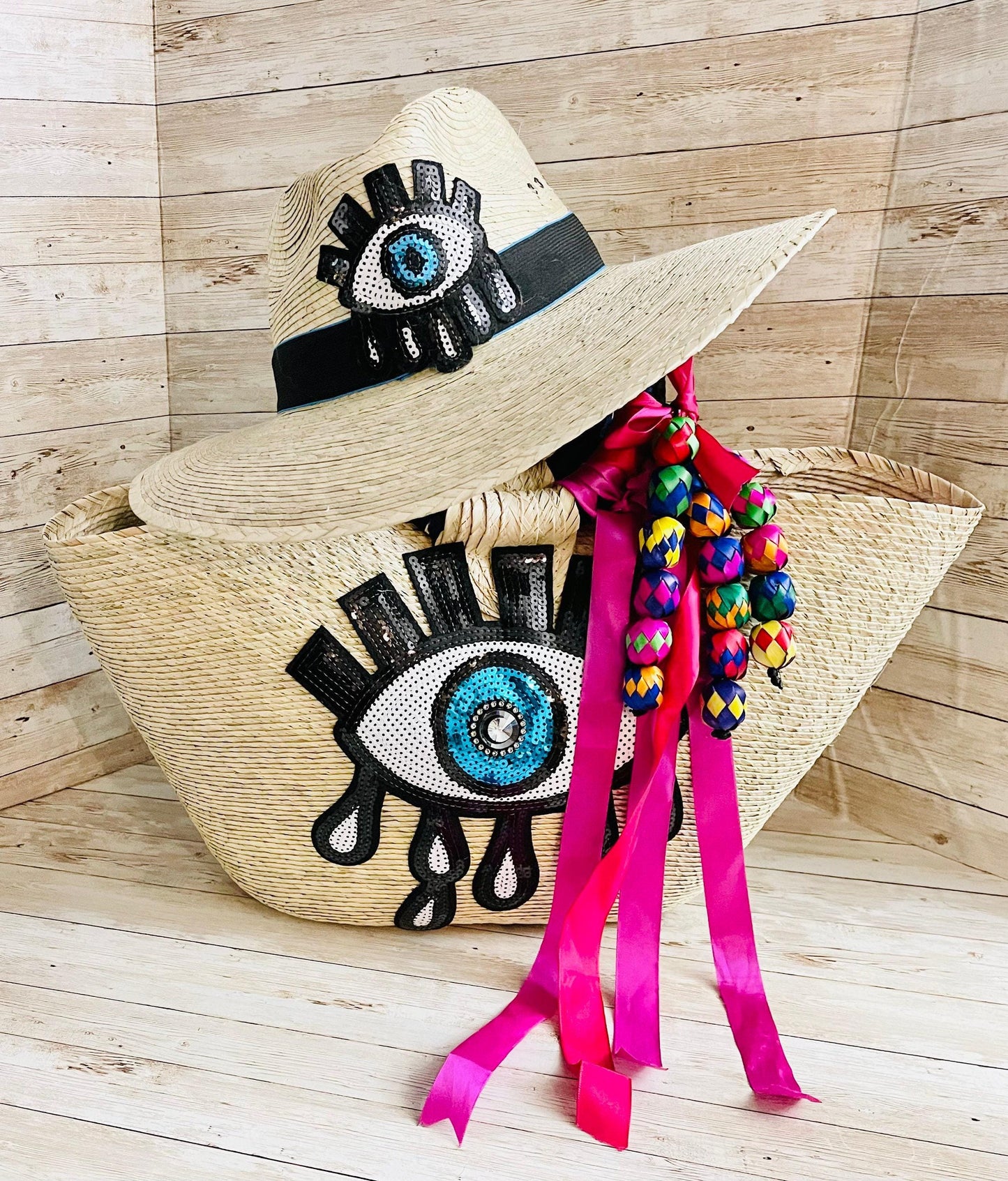 Mexican Artesanal Palm Leaf Beach Tote Bag and Hat Bolsa Mexicana Artesanal de Palma con Sombrero