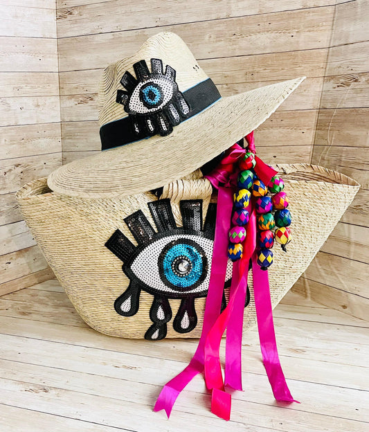 Mexican Artesanal Palm Leaf Beach Tote Bag and Hat Bolsa Mexicana Artesanal de Palma con Sombrero