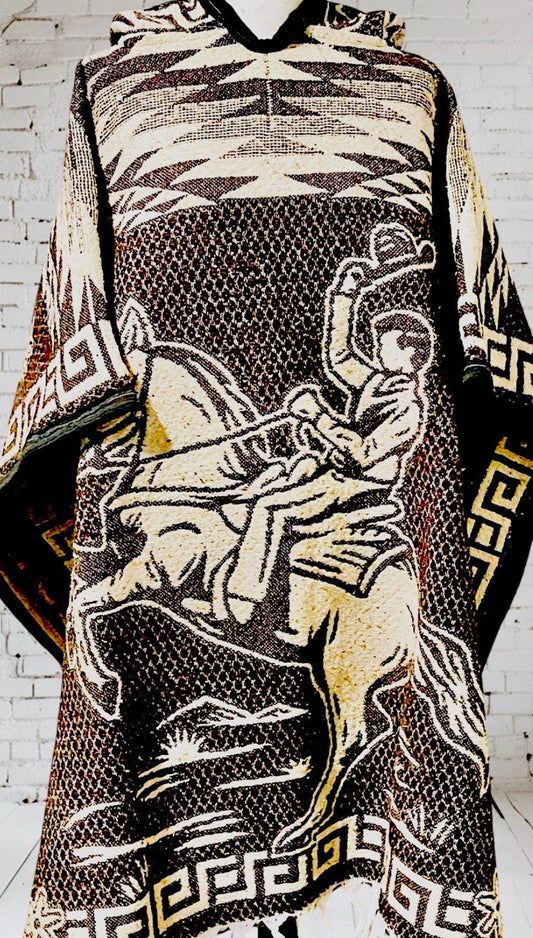 Mexican Poncho Sarape Riding Cowboy in a Horse Poncho Mexicano Sarape Vaquero en Caballo
