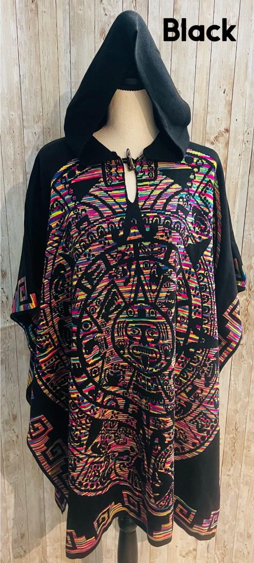 Gavan Poncho Mexicano Calendario Azteca con Gorro Aztec Calendar Mexican Poncho with Hoodie