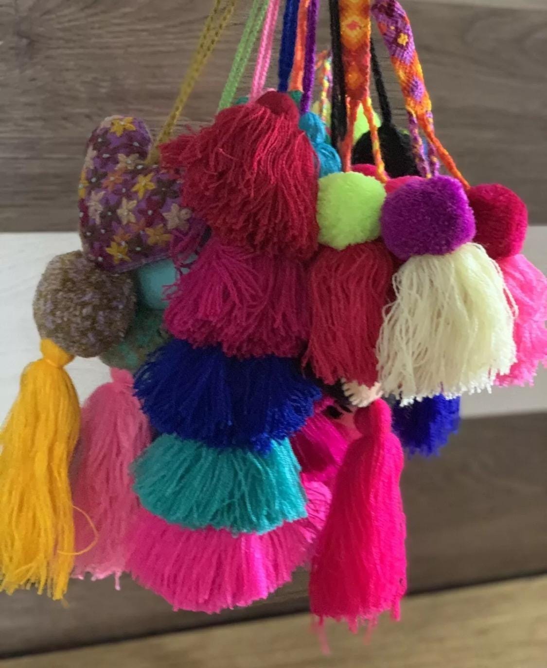 Lot of 12 Mexican Pompoms, Tassels Accessory Charms Keychains Bag Accessories 12 Pompones Artesanales Surtidos